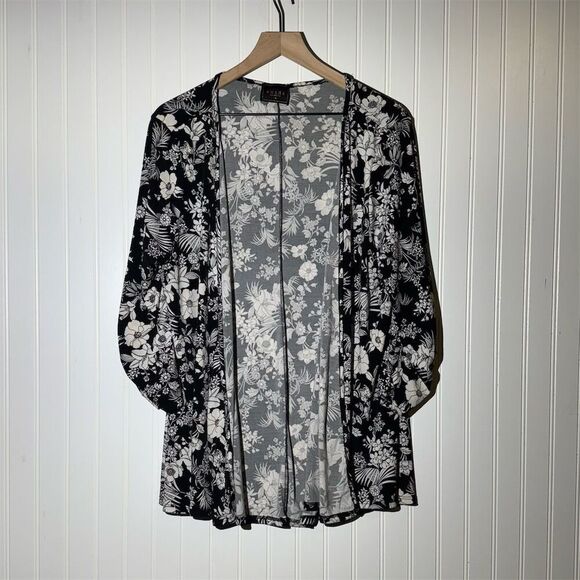 AMANA Black & White Floral Open Front Kimono Cardigan 3X Boho  Lightweight Layer - Picture 1 of 7